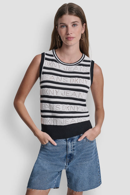 LOGO POINTELLE STRIPED SWEATER - Ivory/Black | DKNY