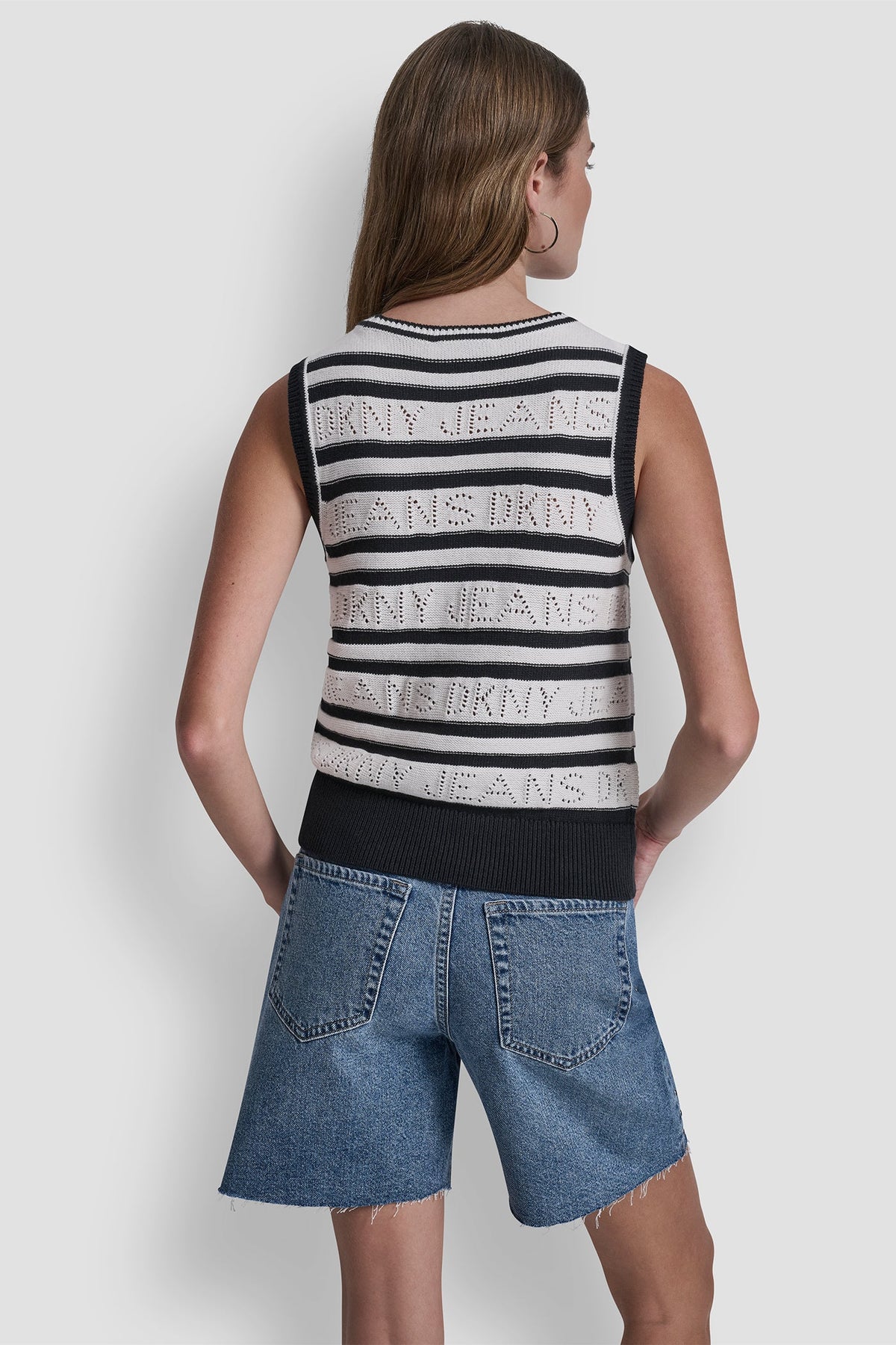 LOGO POINTELLE STRIPED SWEATER - Ivory/Black | DKNY
