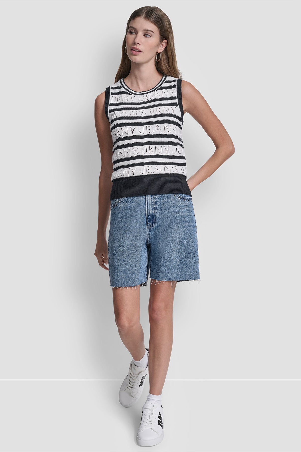 LOGO POINTELLE STRIPED SWEATER - Ivory/Black | DKNY