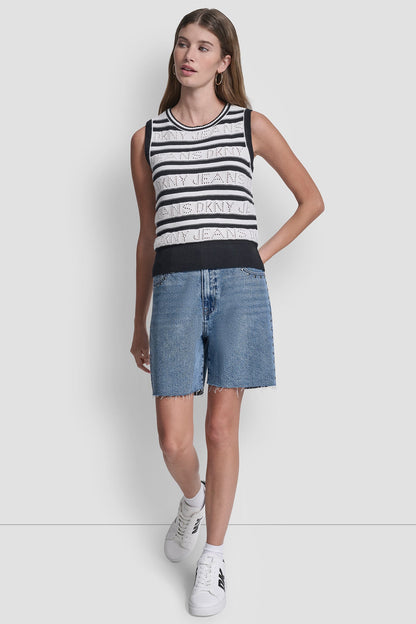 LOGO POINTELLE STRIPED SWEATER - Ivory/Black | DKNY