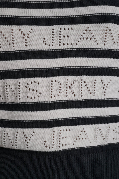 LOGO POINTELLE STRIPED SWEATER - Ivory/Black | DKNY