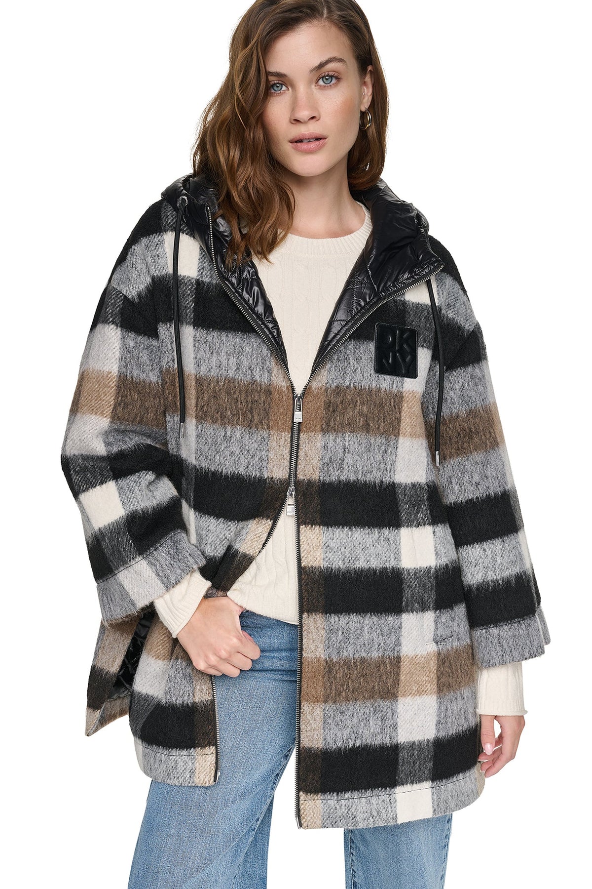 PLAID HOODED CAPE COAT - Plaid Black | DKNY