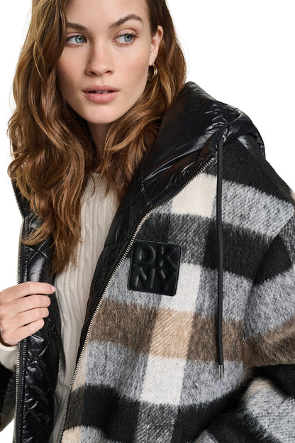 PLAID HOODED CAPE COAT - Plaid Black | DKNY
