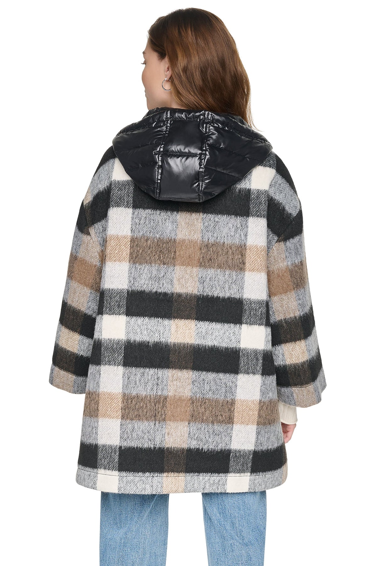 PLAID HOODED CAPE COAT - Plaid Black | DKNY