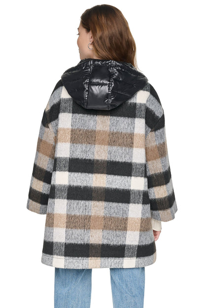 PLAID HOODED CAPE COAT - Plaid Black | DKNY