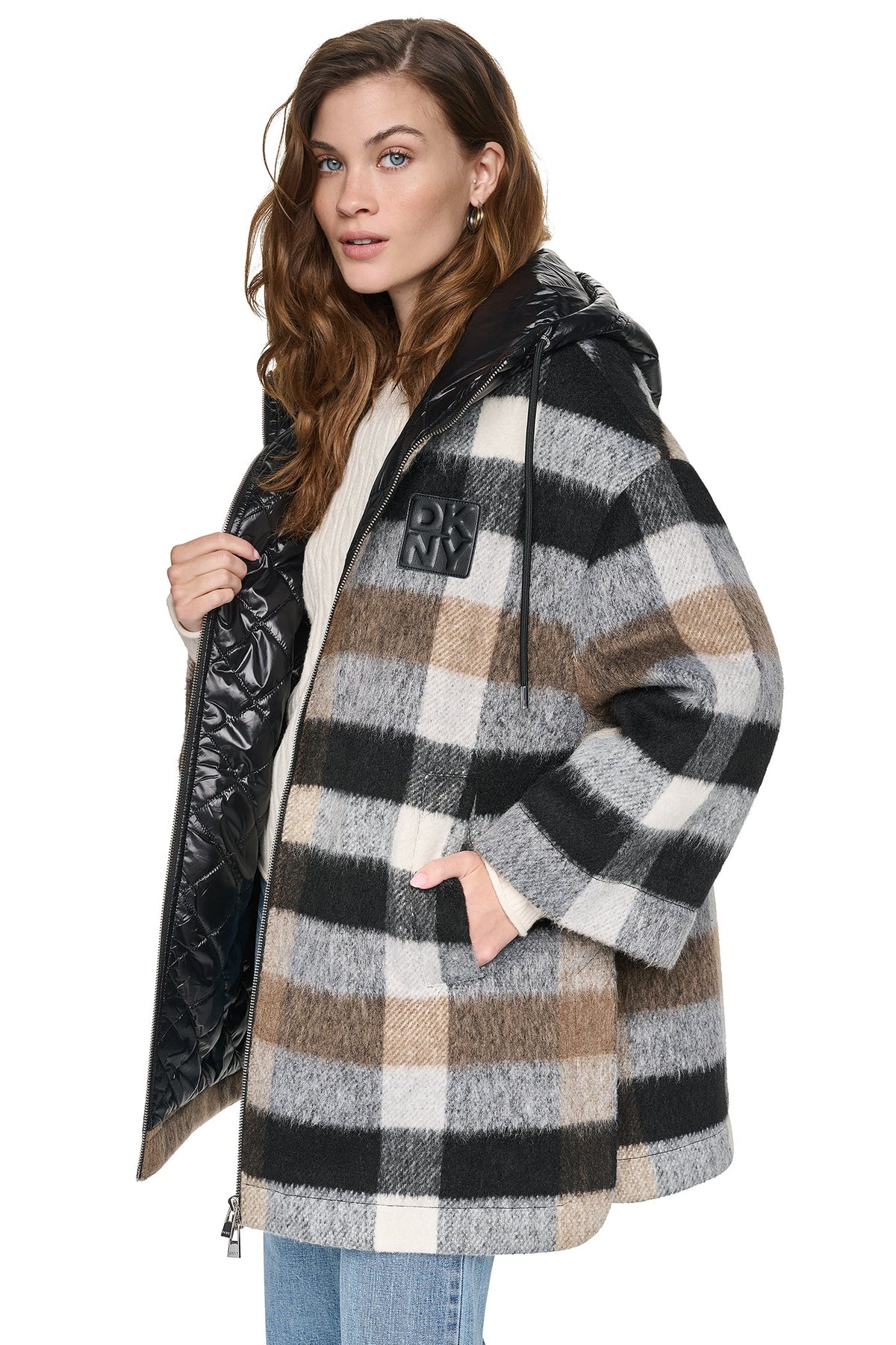 PLAID HOODED CAPE COAT - Plaid Black | DKNY