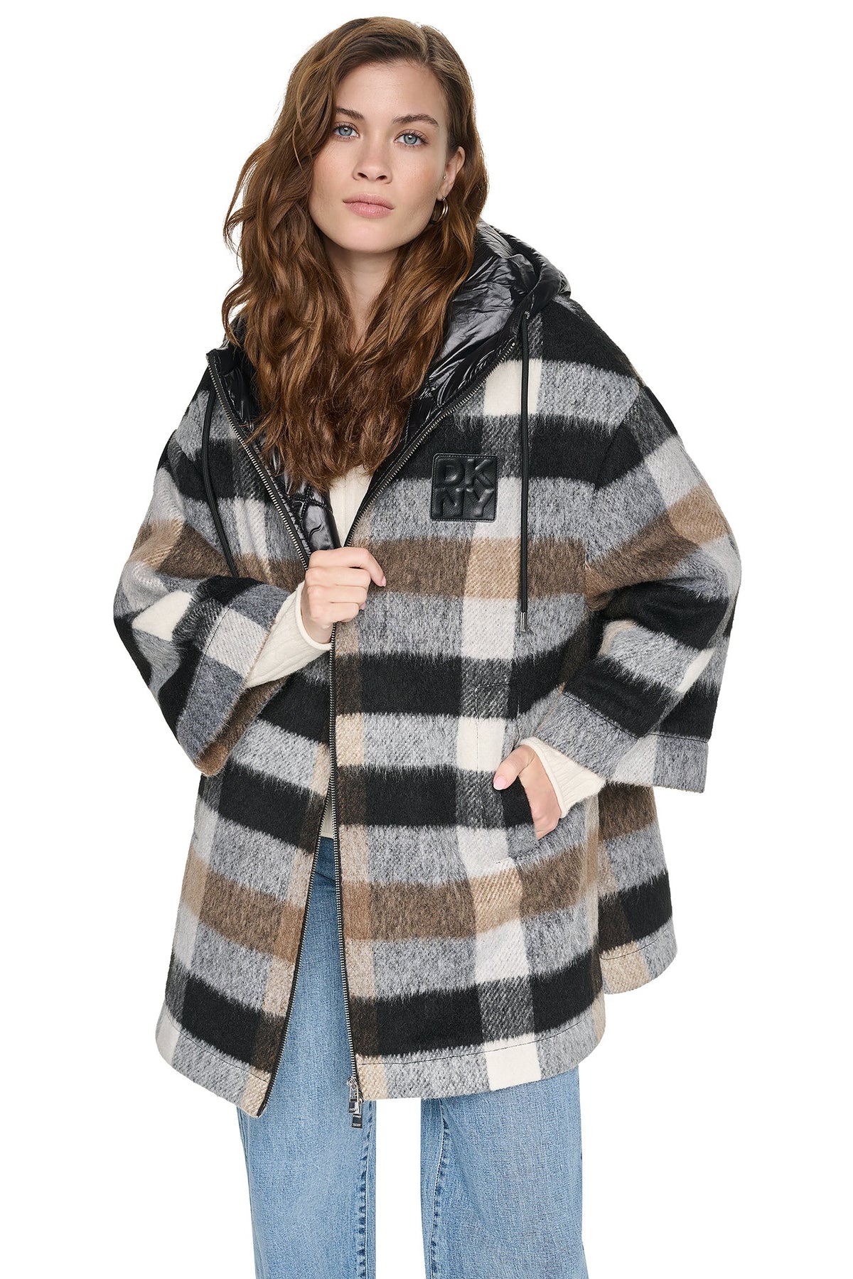 PLAID HOODED CAPE COAT - Plaid Black | DKNY