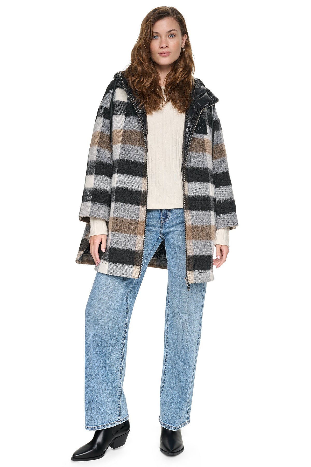 PLAID HOODED CAPE COAT - Plaid Black | DKNY