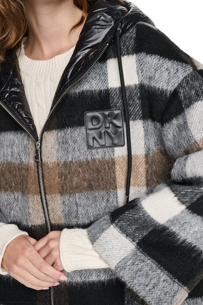PLAID HOODED CAPE COAT - Plaid Black | DKNY