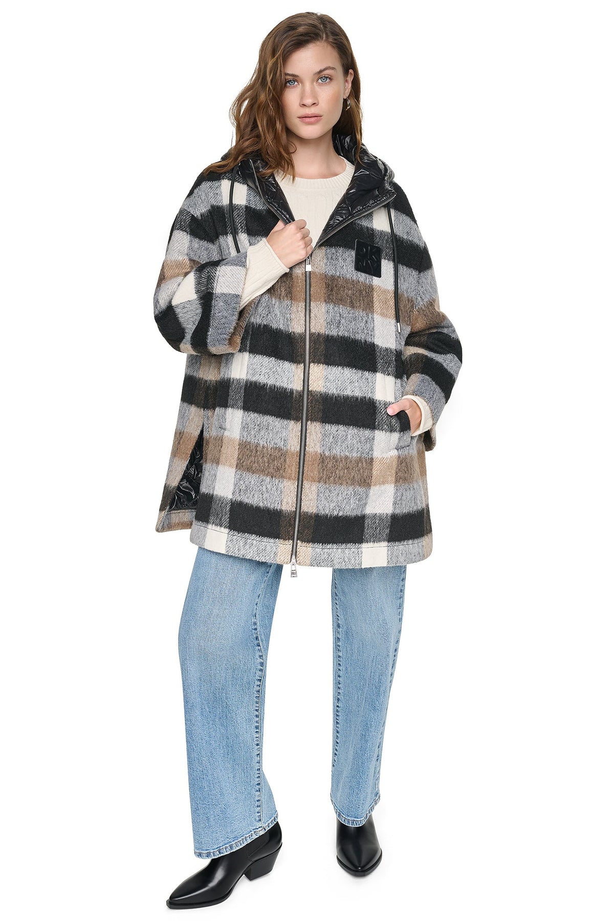 PLAID HOODED CAPE COAT - Plaid Black | DKNY