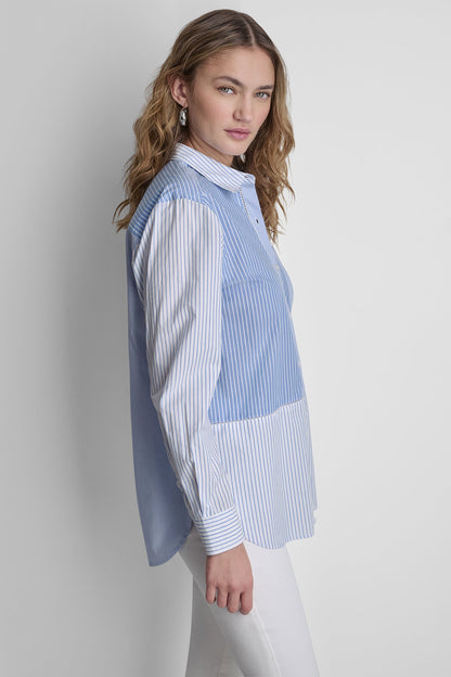 POPLIN CLASSIC FIT SHIRT WITH MIXED STRIPES - Blue Multi | DKNY