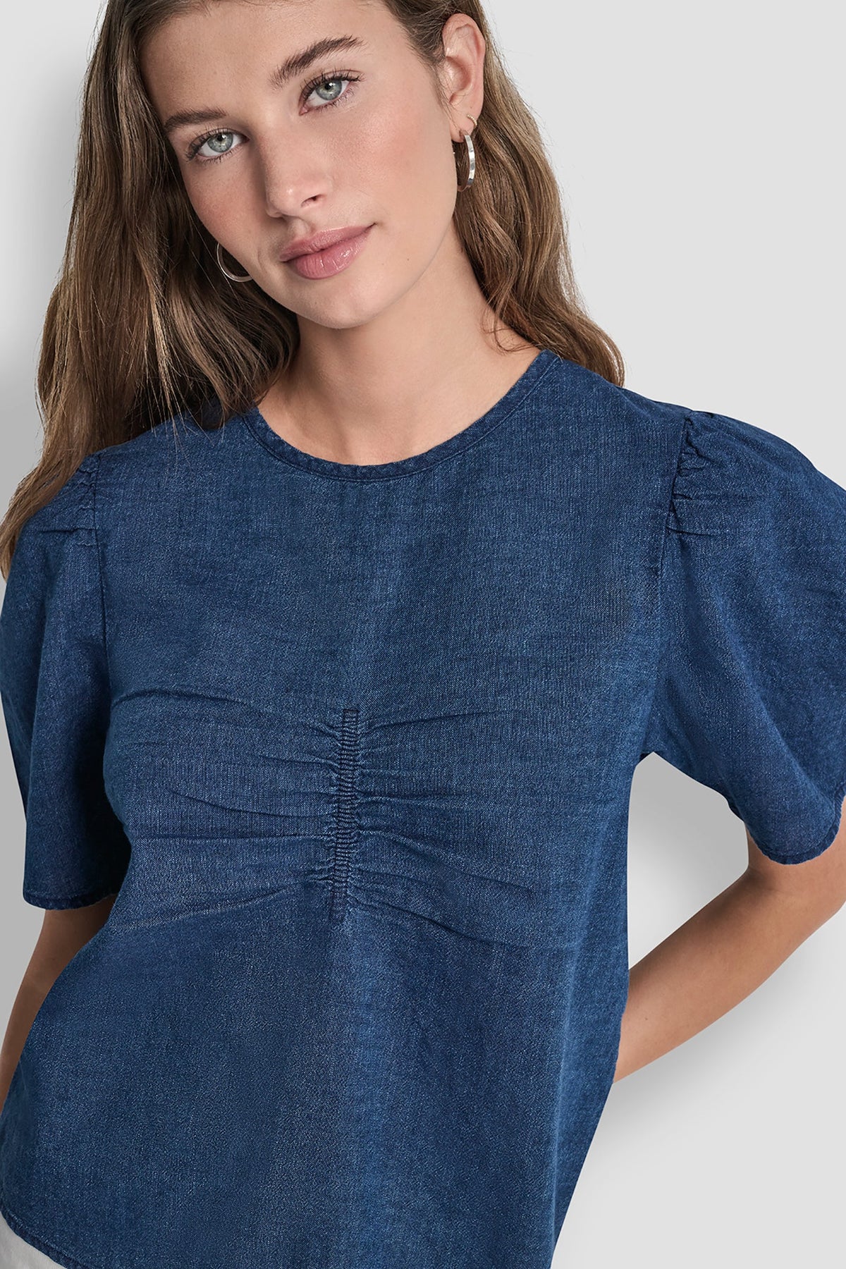 PUFF SLEEVE RUCHED FRONT SHIRT - Indigo | DKNY