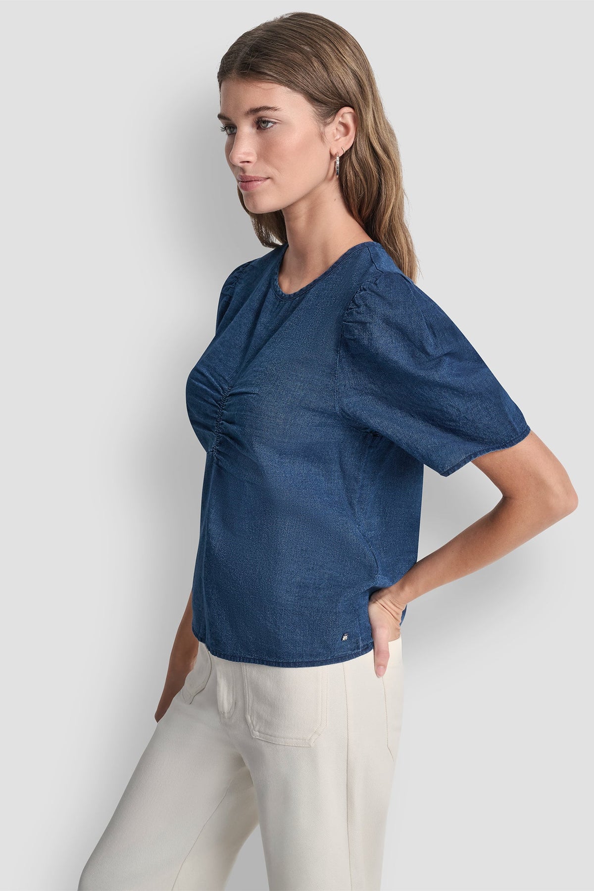 PUFF SLEEVE RUCHED FRONT SHIRT - Indigo | DKNY