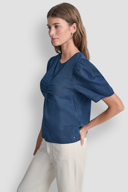 PUFF SLEEVE RUCHED FRONT SHIRT - Indigo | DKNY