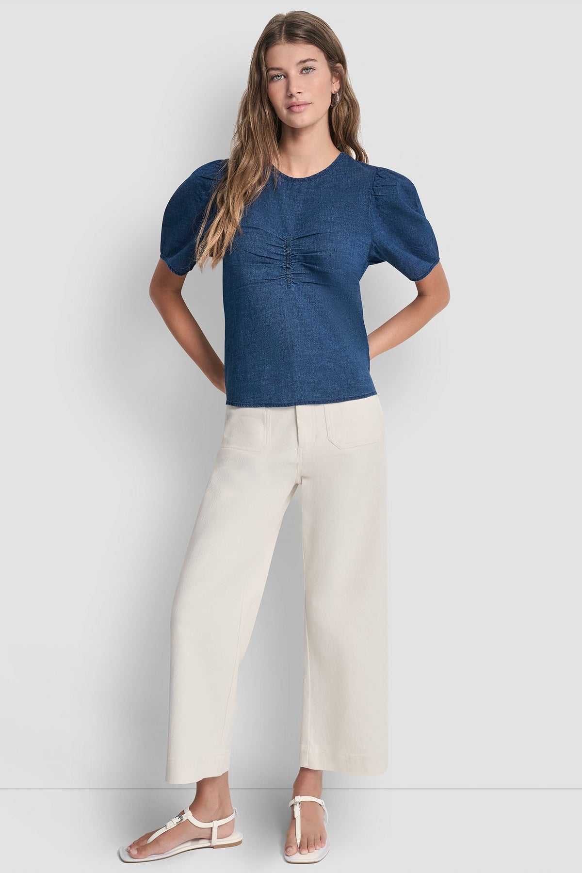 PUFF SLEEVE RUCHED FRONT SHIRT - Indigo | DKNY