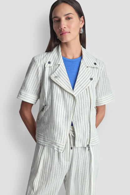 PINSTRIPE SHORT SLEEVE MOTO JACKET - Ivory/Admiral | DKNY