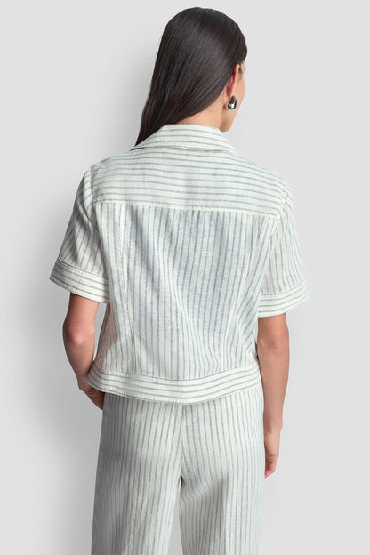 PINSTRIPE SHORT SLEEVE MOTO JACKET - Ivory/Admiral | DKNY