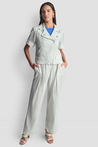 PINSTRIPE SHORT SLEEVE MOTO JACKET - Ivory/Admiral | DKNY