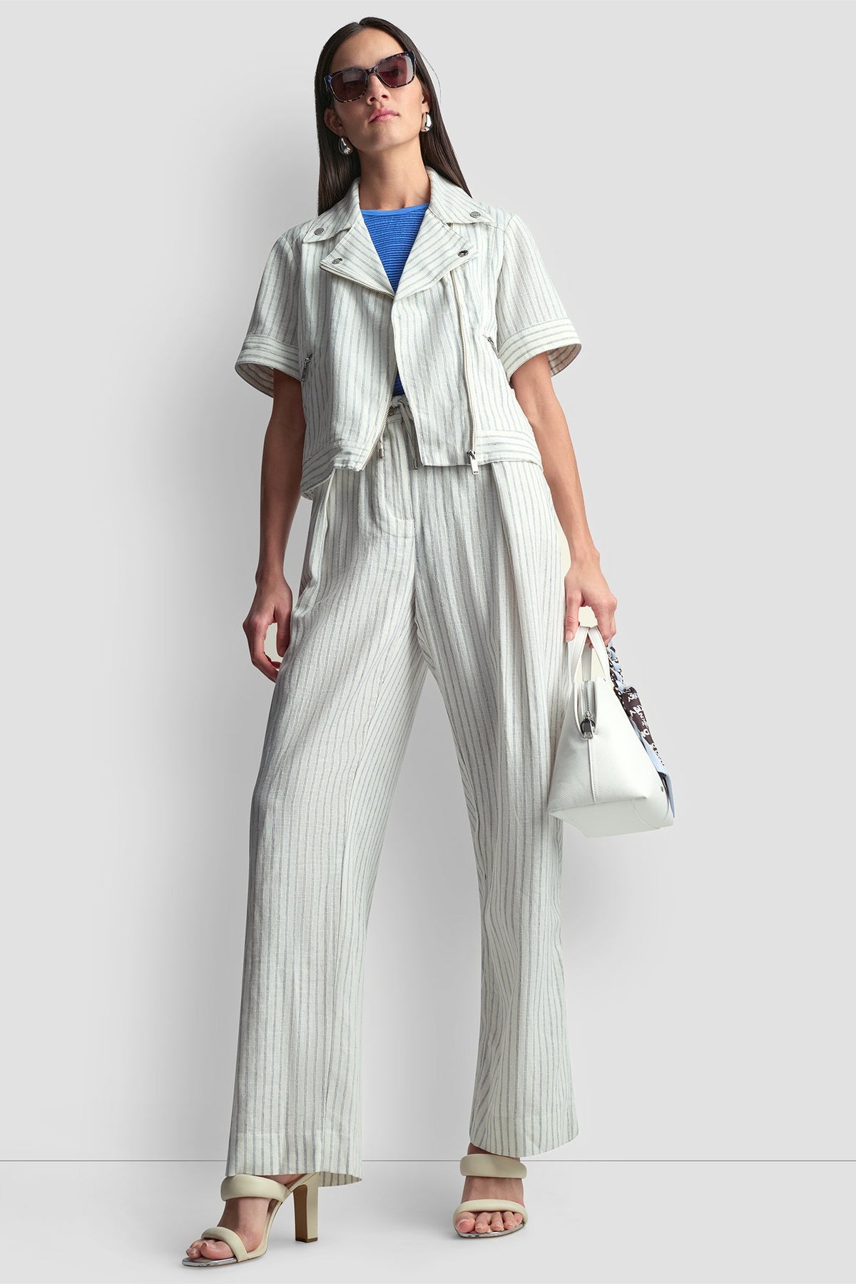 PINSTRIPE SHORT SLEEVE MOTO JACKET - Ivory/Admiral | DKNY