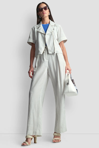 PINSTRIPE SHORT SLEEVE MOTO JACKET - Ivory/Admiral | DKNY
