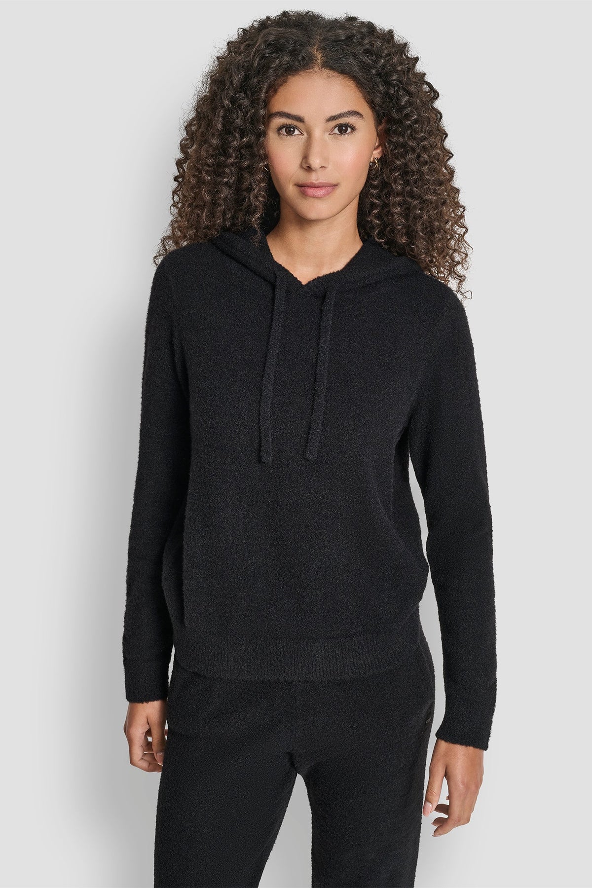 FEATHER YARN HOODIE WITH DRAWCORD AND TONAL LOGO - Black | DKNY