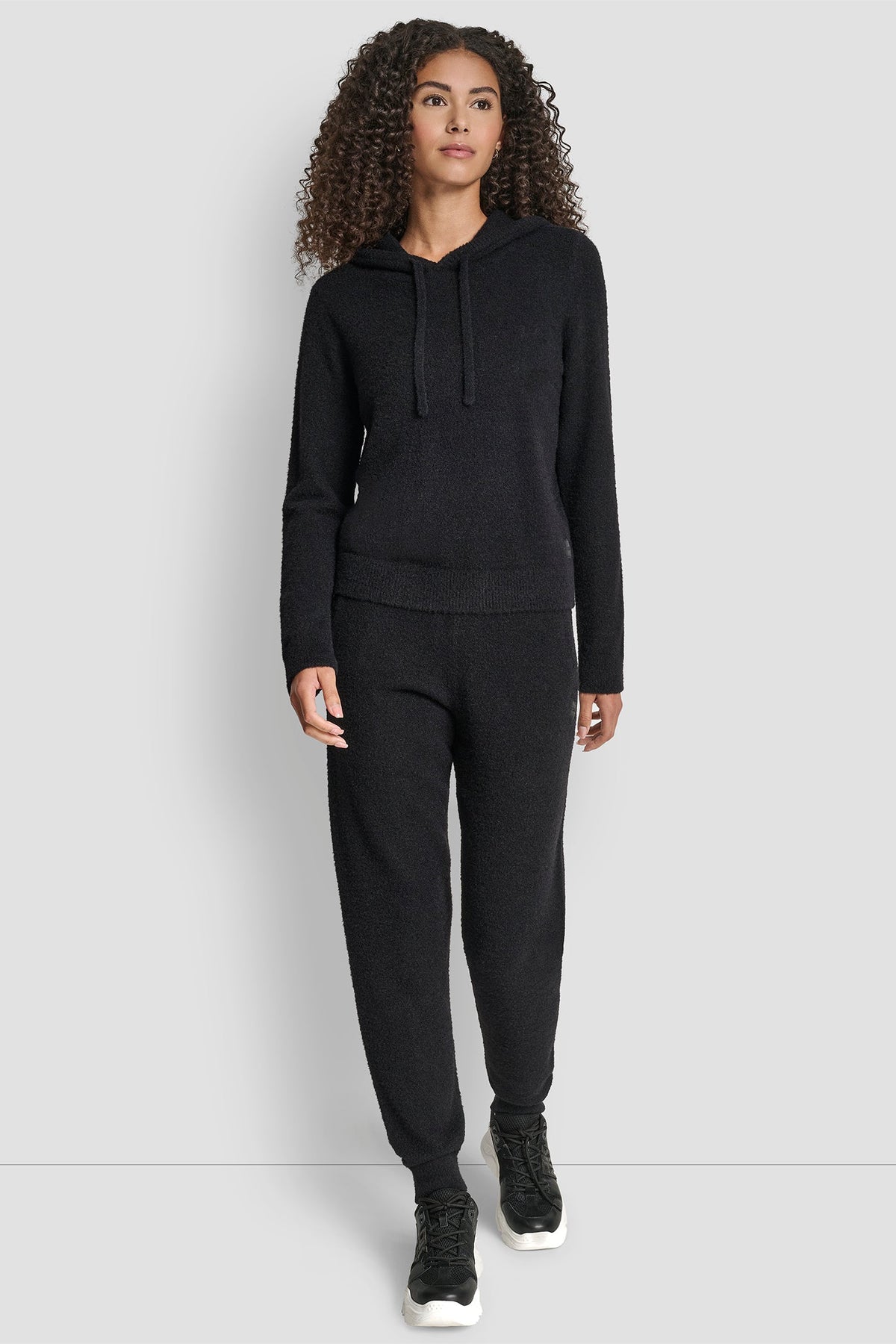 FEATHER YARN HOODIE WITH DRAWCORD AND TONAL LOGO - Black | DKNY