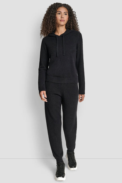 FEATHER YARN HOODIE WITH DRAWCORD AND TONAL LOGO - Black | DKNY