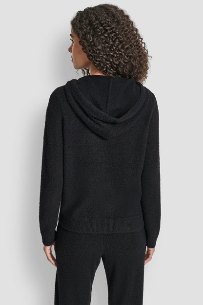 FEATHER YARN HOODIE WITH DRAWCORD AND TONAL LOGO - Black | DKNY