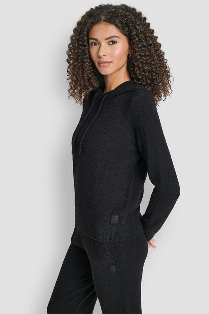FEATHER YARN HOODIE WITH DRAWCORD AND TONAL LOGO - Black | DKNY