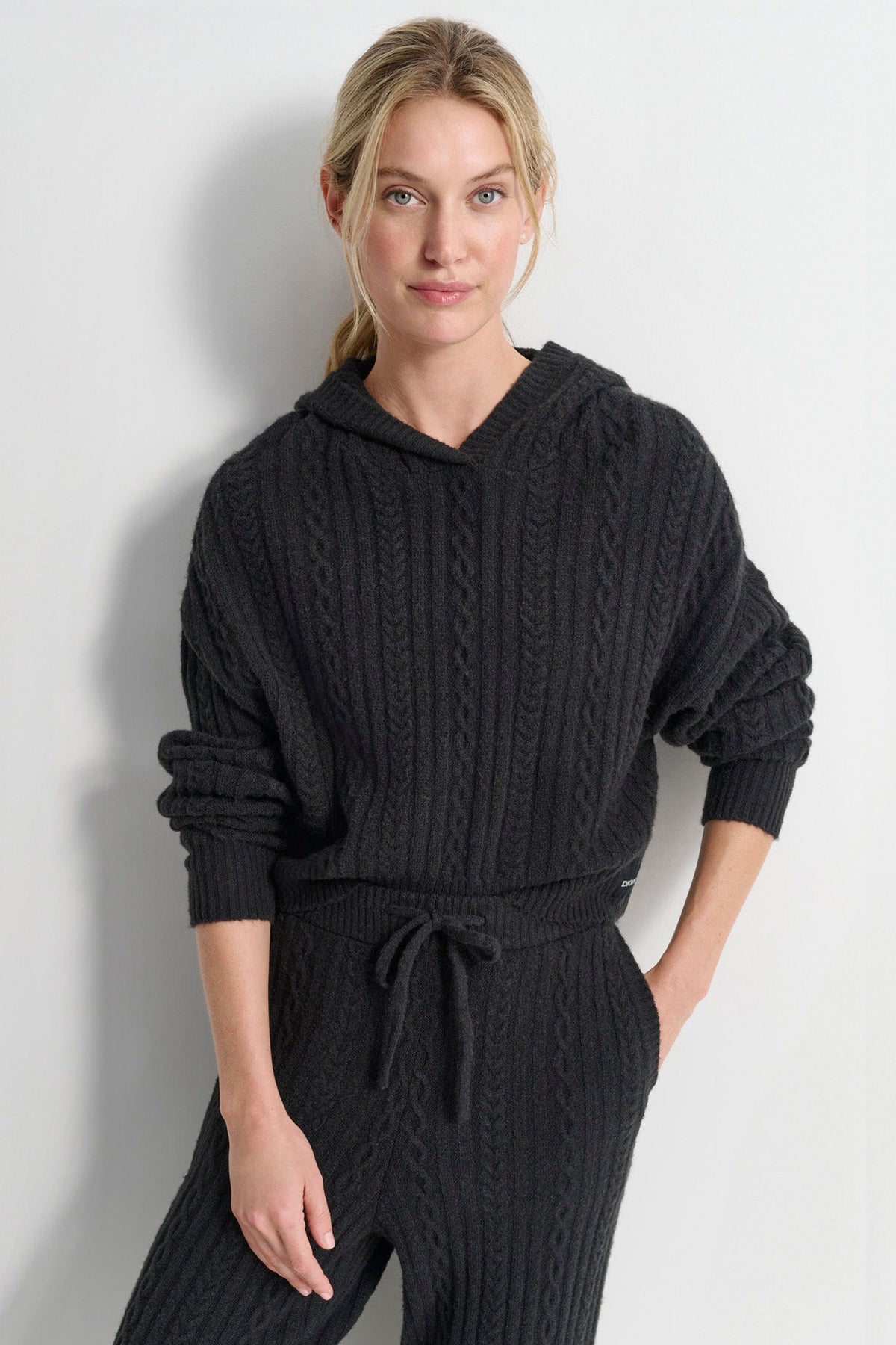 COZY CABLE SWEATER HOODIE - Black | DKNY