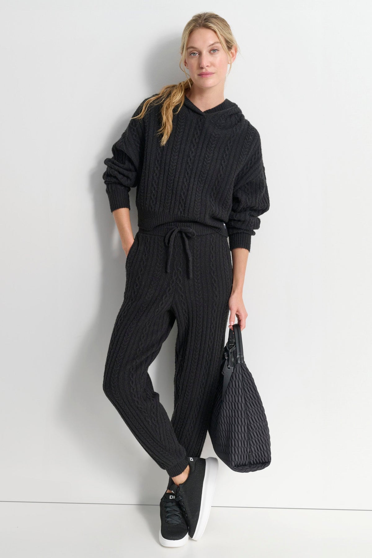 COZY CABLE SWEATER HOODIE - Black | DKNY